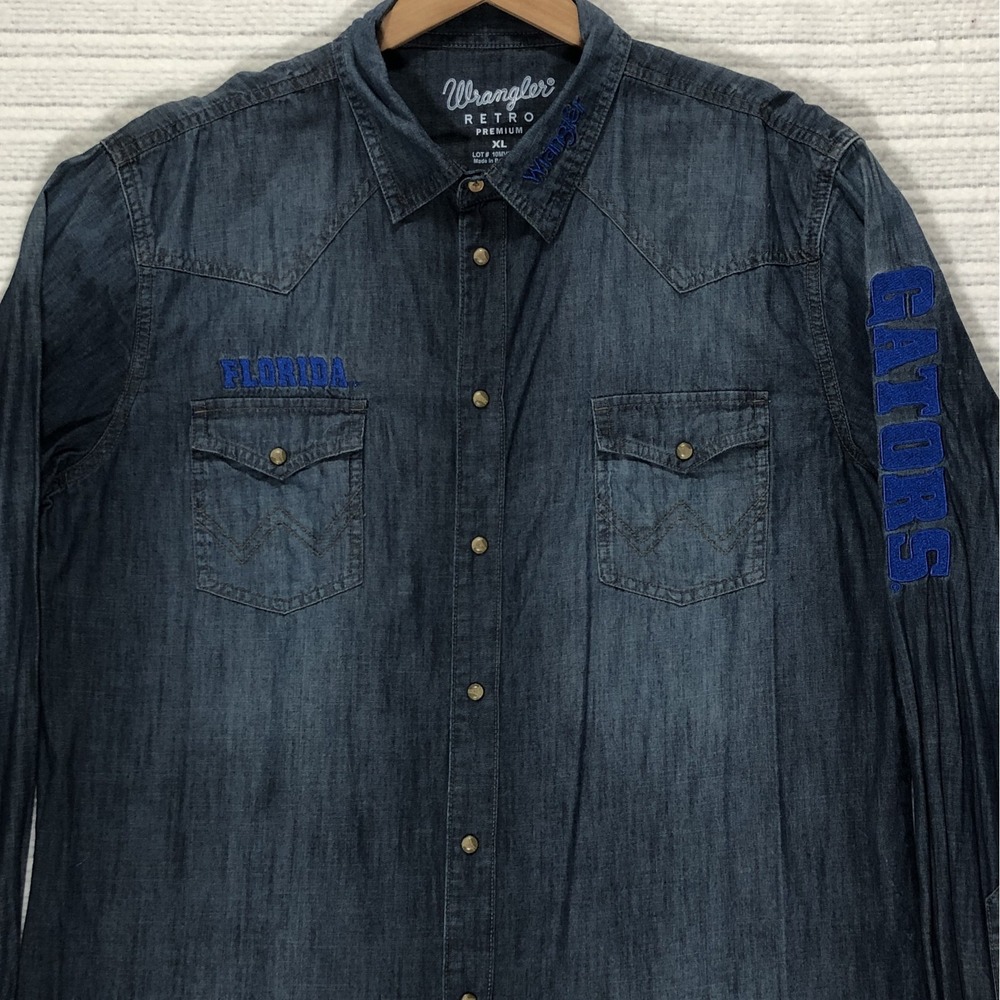 Wrangler Retro Denim Pearl Snap Shirt Florida Gators Embroidered Western Wear XL